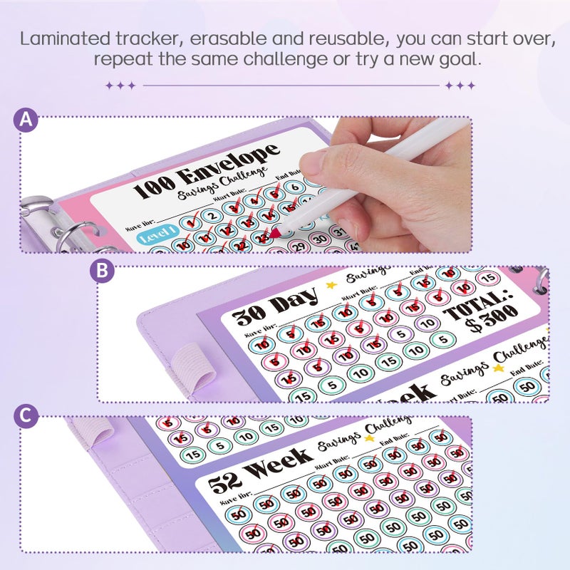 Sooez 100 Envelopes Money Saving Challenge  Savings Challenges Book with Envelopes  Flexible Saving $5050  $2600  $300  Savings Binder with 100 Pocket Pre-number & Reusable Laminated Tracker - Image 4